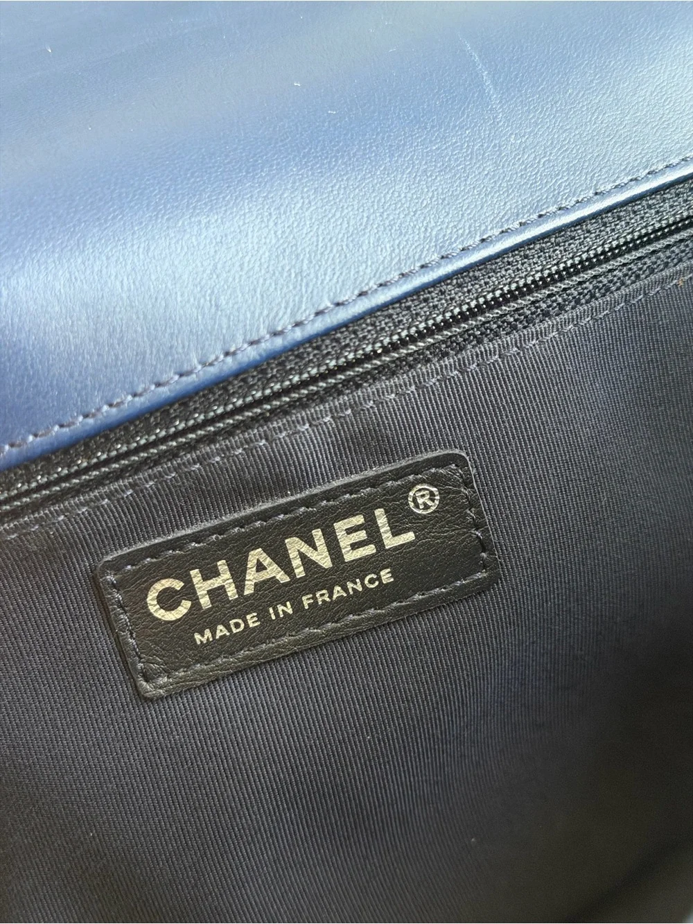 CHANEL Navy Boy Flap Bag Quilted Lambskin Medium with Aged Hardware